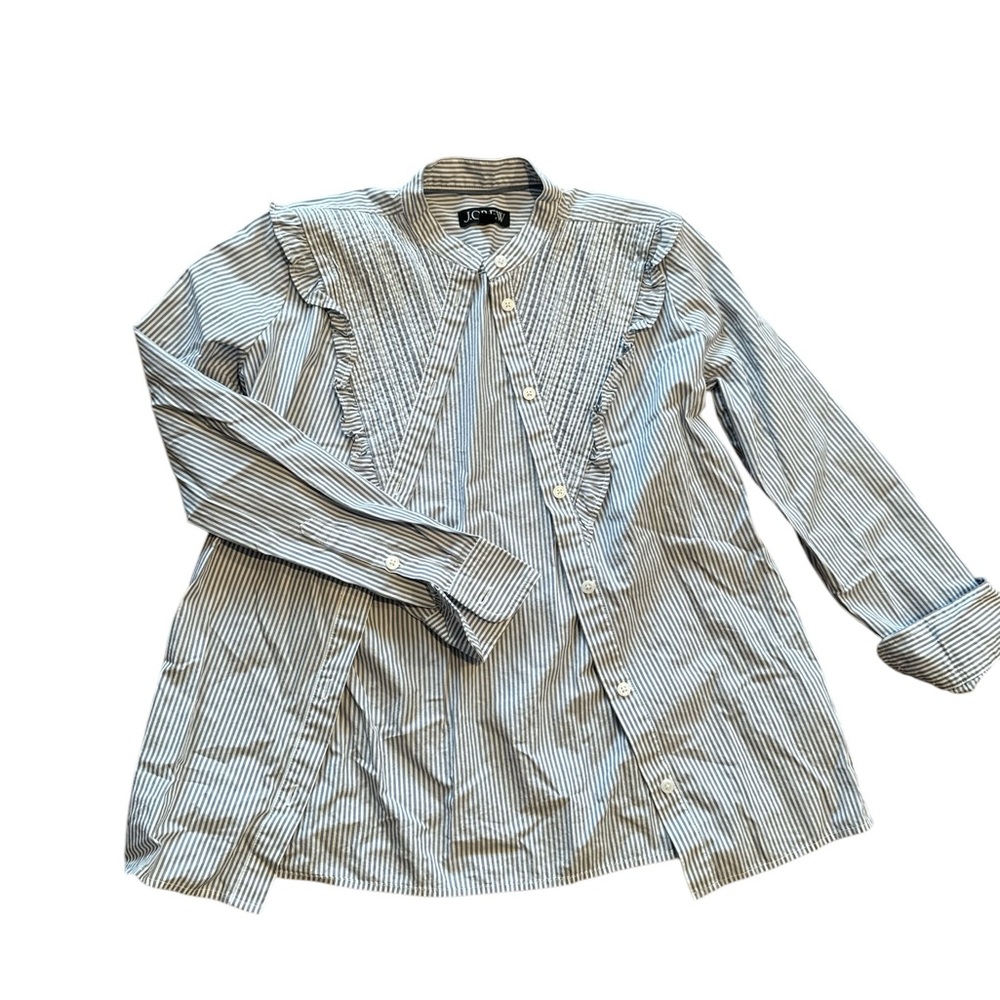 JCREW blue/gray pinstripe button with cuffs and ruffles